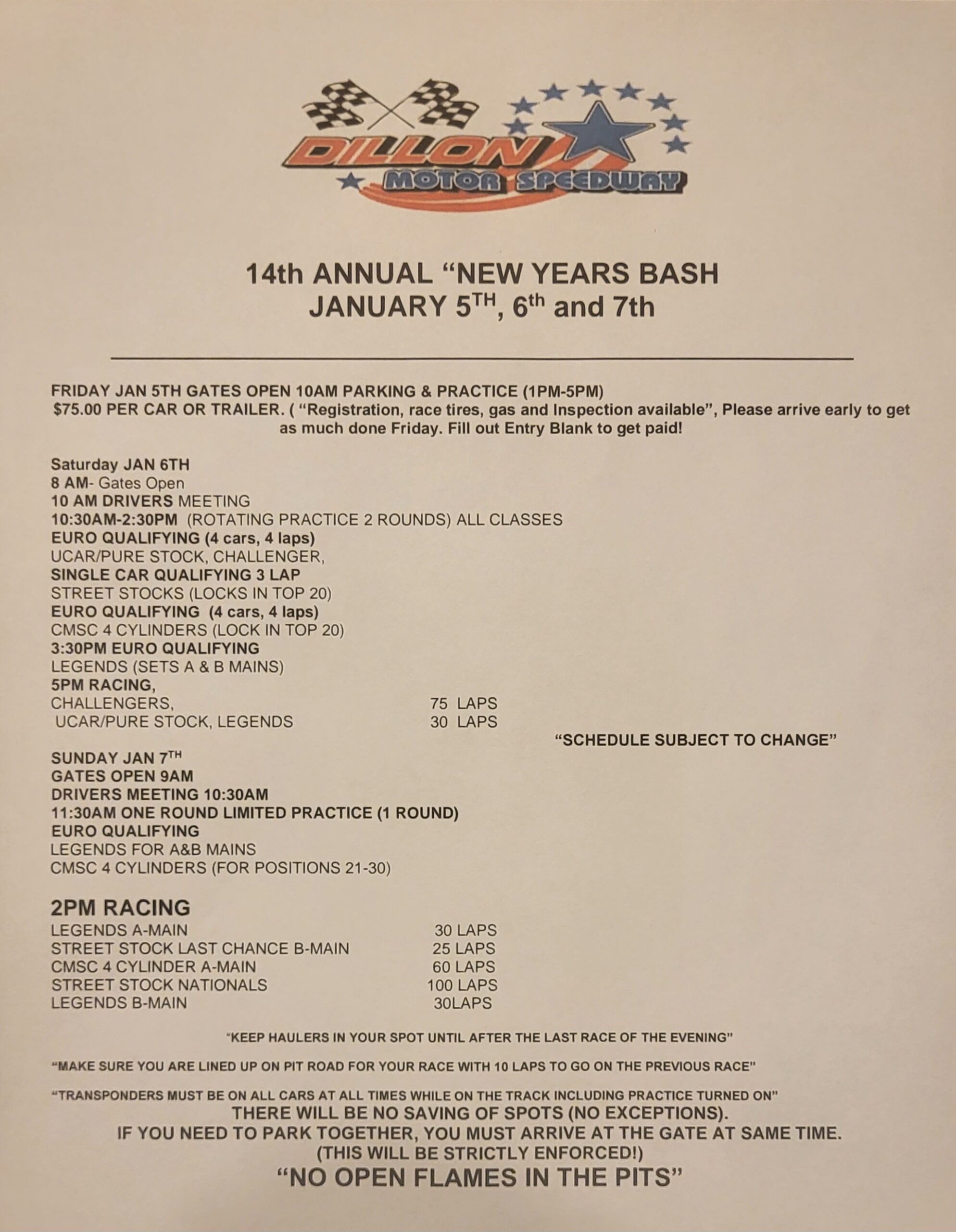 Dillon Motor Speedway New Years BASH Schedule